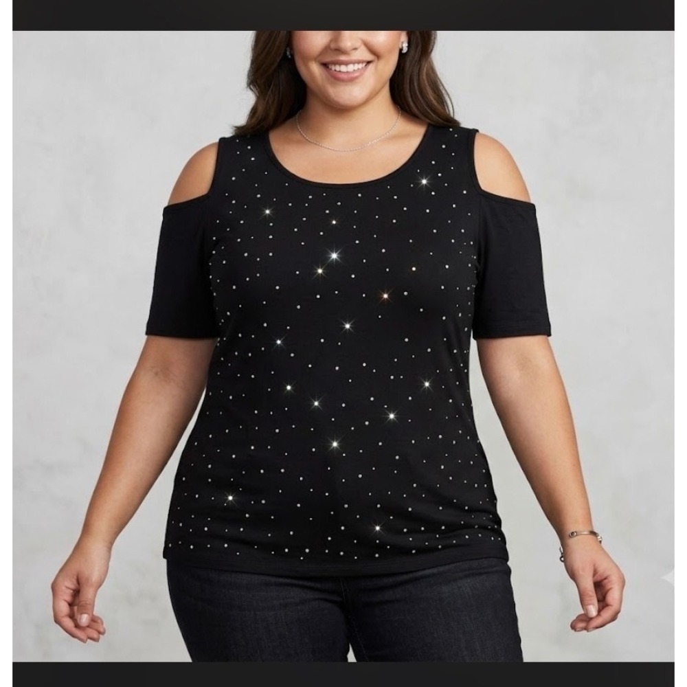 Belldini Black Rhinestone Cold Shoulder Top K167008X Plus Size 2X
